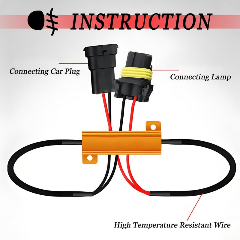 HULI 2Pcs 9005/9006 LED Load Resistor Kit 50W Headlight Bulb Relay Harness Adapter Anti Flicker Harness Resistor Kit for LED Lights,Fog Lights,Headlights(9005/9006) - Image 4